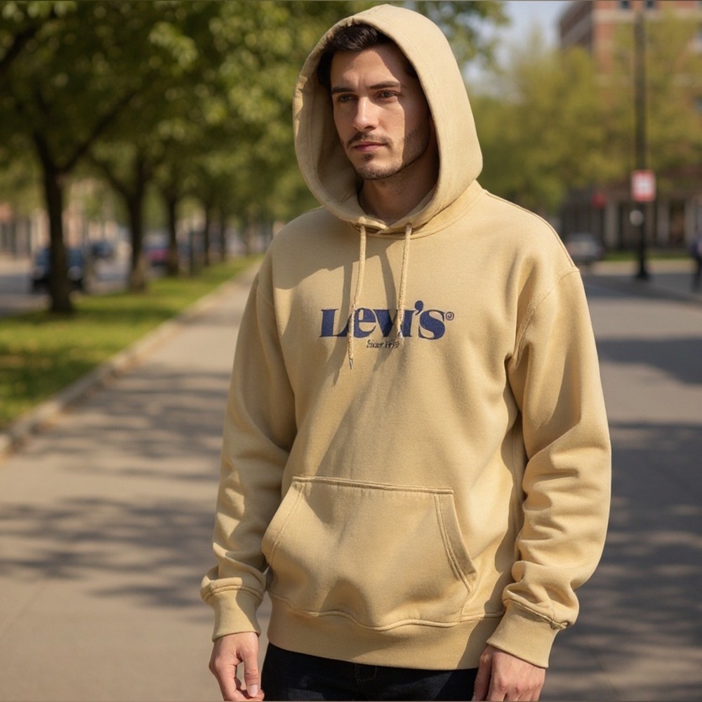 Levi's Classic Relaxed Fit Hoodie Beige Tan with Navy Logo M